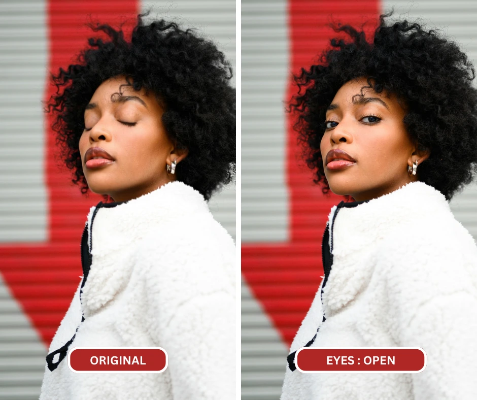 Black lady with curly hair and white sweater coat eyes fixed after using EraseID's change expressions feature
