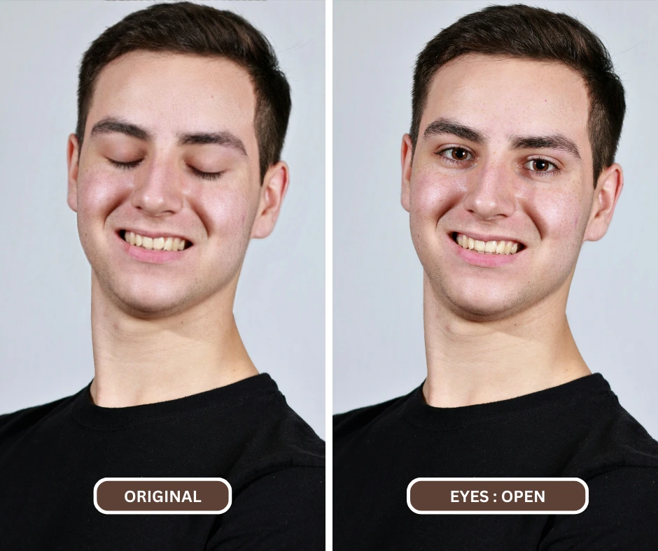 fix closed eyes in photo iphone closeup comparison of an image of man smiling in black t-shirt