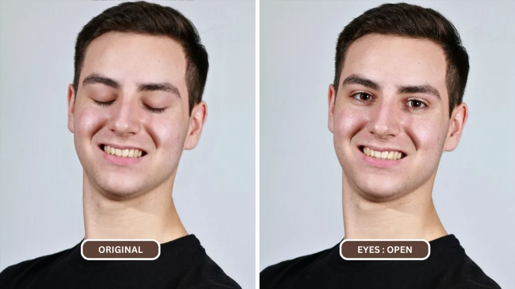 Opening eyes of a man in black smiling in a photoshoot