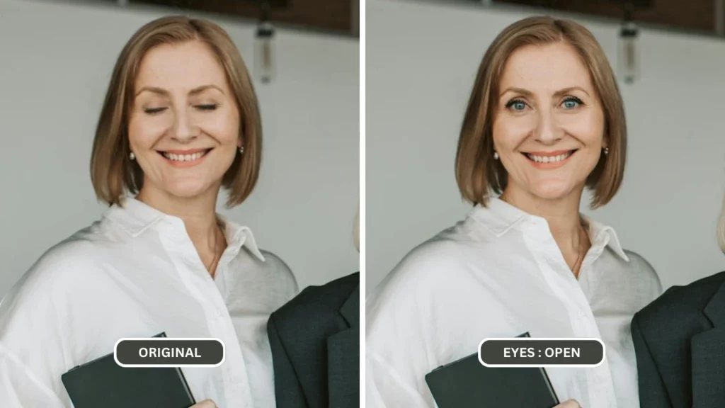 Lady in white office dress shirt eyes fixed using AI by EraseID