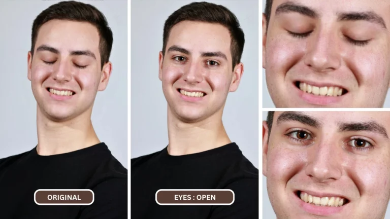fix closed eyes in photo iphone using EraseID on an image of a young man in black shirt closeup grid comparison