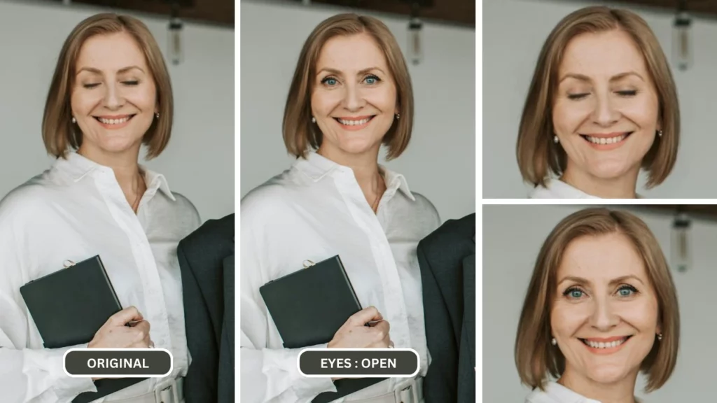 Lady holding a dairy in white dress shirt and blonde short hair eyes opened by using EraseID