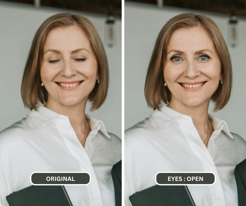 Lady in blue eyes and white shirt eyes fixed to being open after using AI by EraseID
