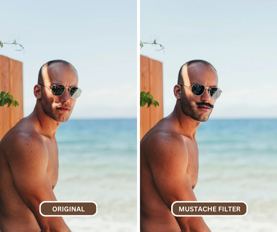 Schnurrbartfilter wird mit EraseID auf einen kahlköpfigen Mann angewendet, der am Strand sitzt