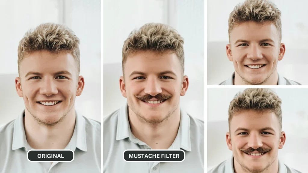 Blonder Typ mit Kragen-T-Shirt lächelt in die Kamera, während ein Bildvergleich