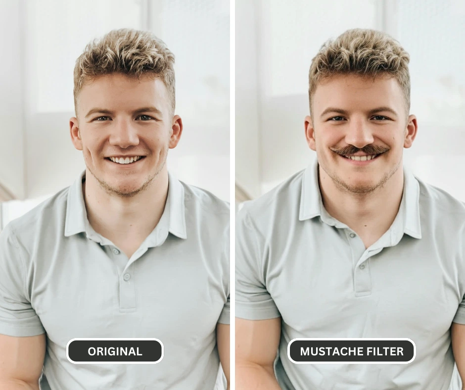 Bildvergleich eines blonden weißen Mannes mit und ohne Schnurrbartfilter, erstellt mithilfe der EraseID-Plattform