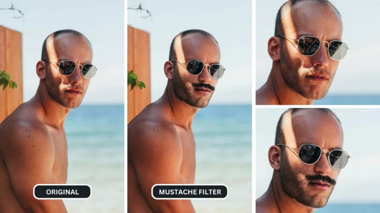 Vergleichsbild eines Schnurrbartfilters mit einem glatzköpfigen Mann, der an einem sonnigen Tag am Strand sitzt und eine Sonnenbrille trägt