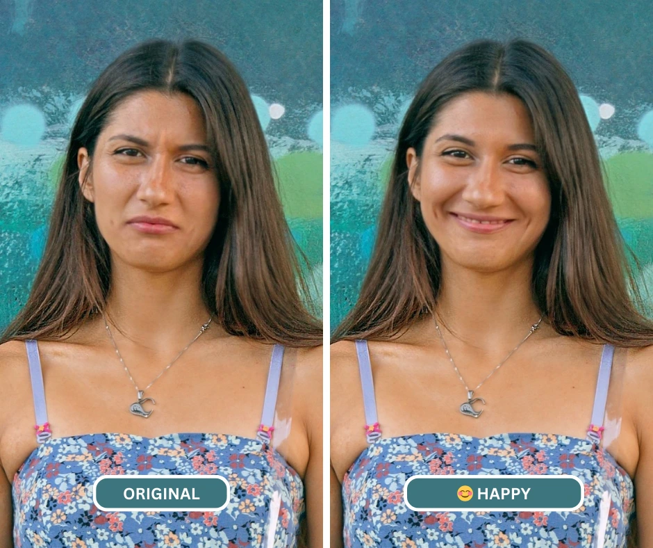 closeup comparison image of a girl in floral dress happy after using EraseID