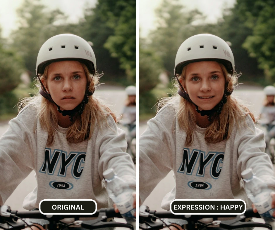 Closeup comparison of girl in helmet and grey nyc sweatshirt using perfect smile filter with EraseID