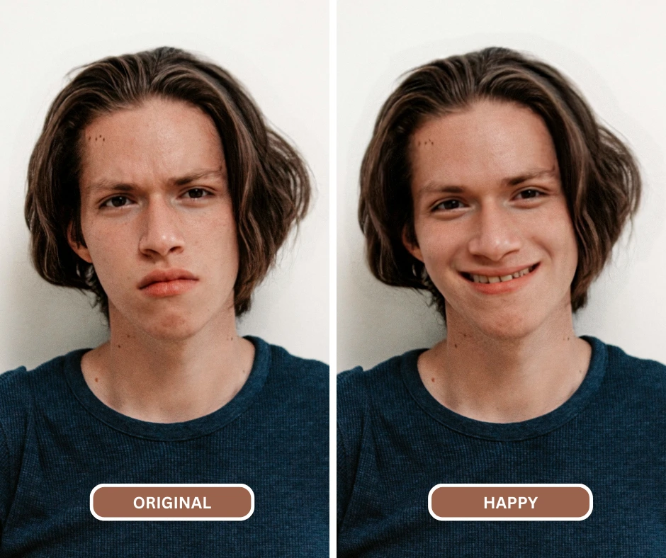 closeup comparison of young teenage boy in blue happy expressions using EraseID