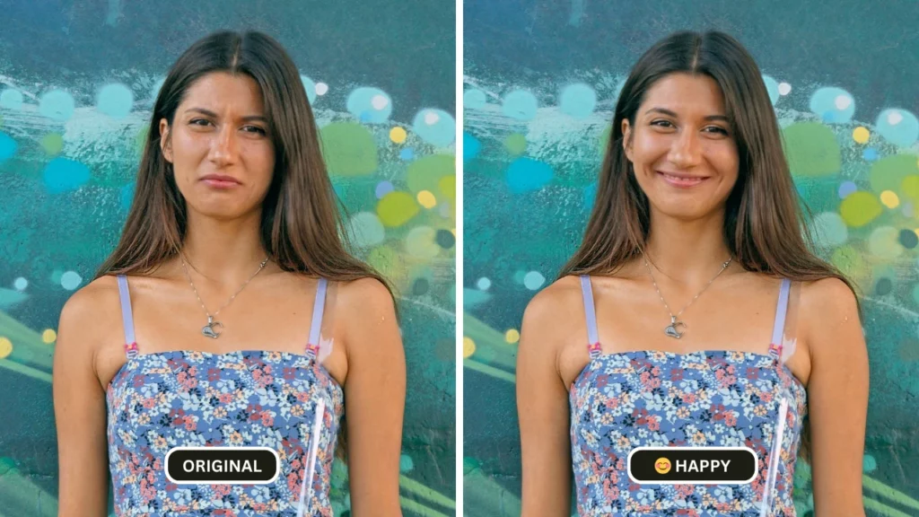 comparing happy and original image of a woman in floral dress
