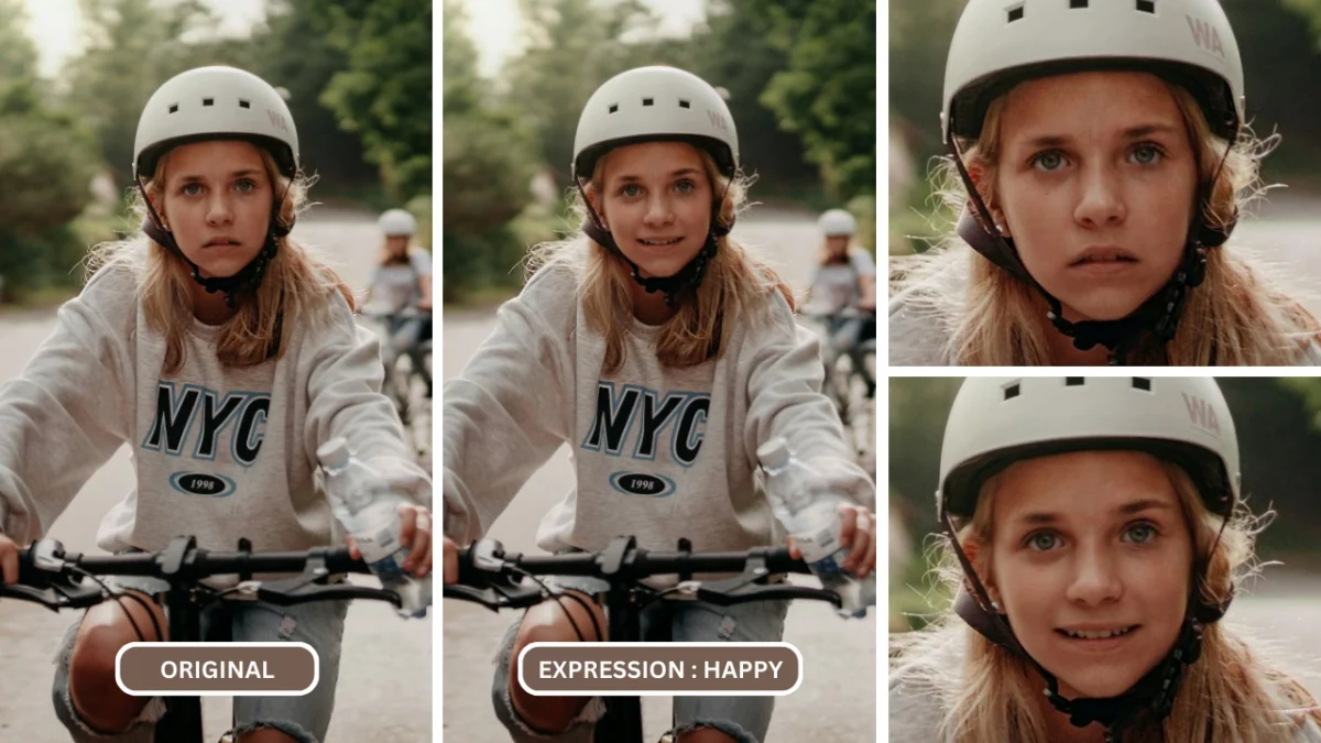 EraseID's perfect smile filter on an image of young girl in grey NYC sweatshirt