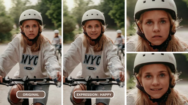 EraseID's perfect smile filter on an image of young girl in grey NYC sweatshirt