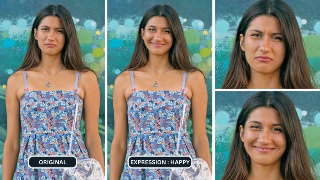comparison image of a young woman in floral dress and bag smiling