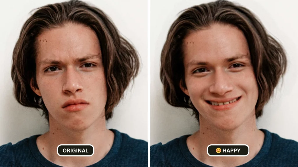 young teenage boy with long hair smiling after using AI to change expressions