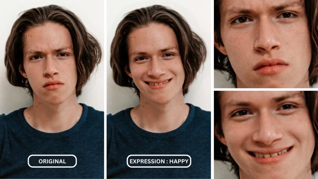detailed grid comparison image of a young boy in blue t-shirt changing expressions to happy after using EraseID