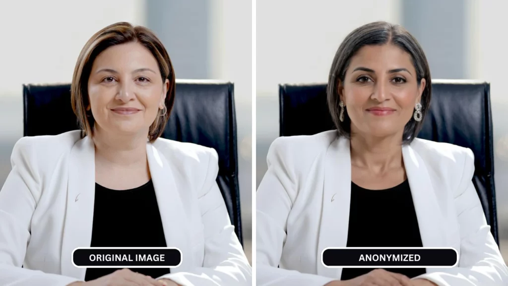 Two images side by side for comparison of a woman in white blazer anonymized by using AI