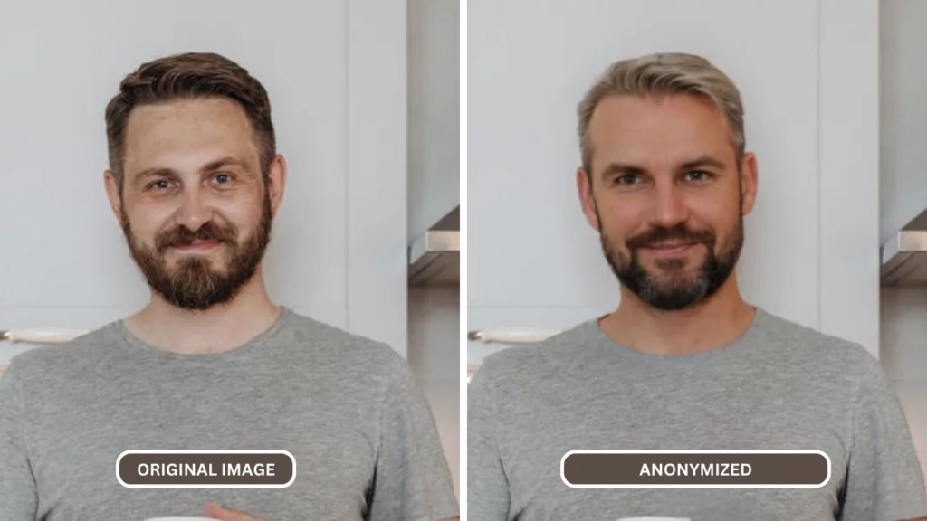 Comparison images of a man in grey t-shirt anonymized after using Generate Person by PiktID