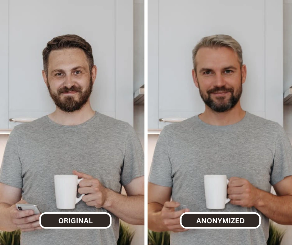 Closeup comparison of a man in grey holding a cup