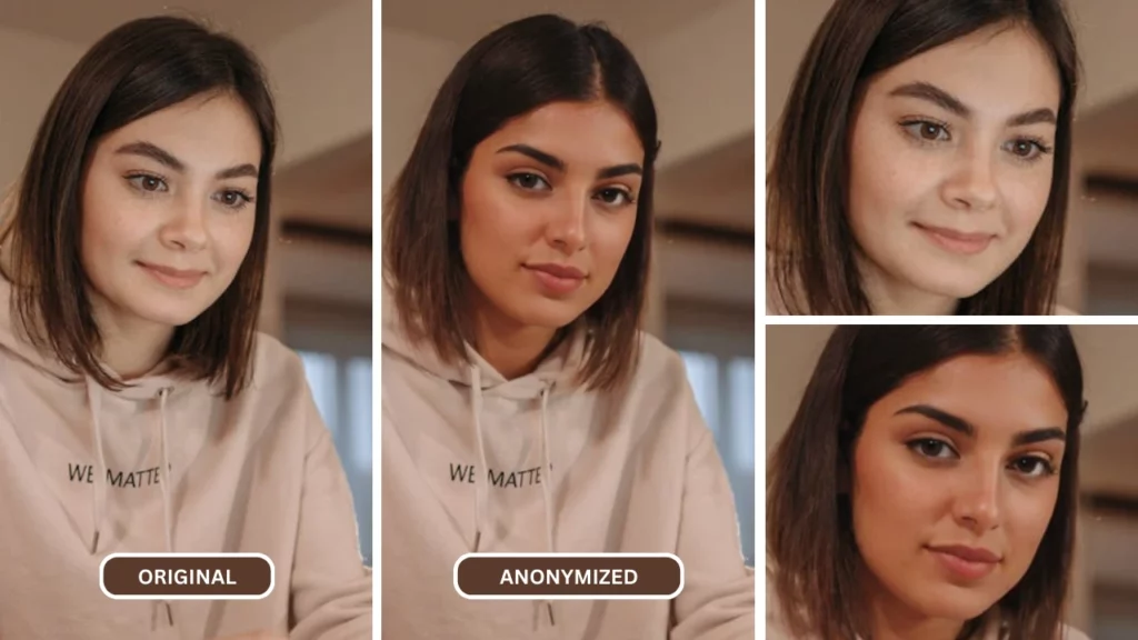 Woman in Pink Hoodie having 4 images of a girl anonymized and 2 of them are face closeup