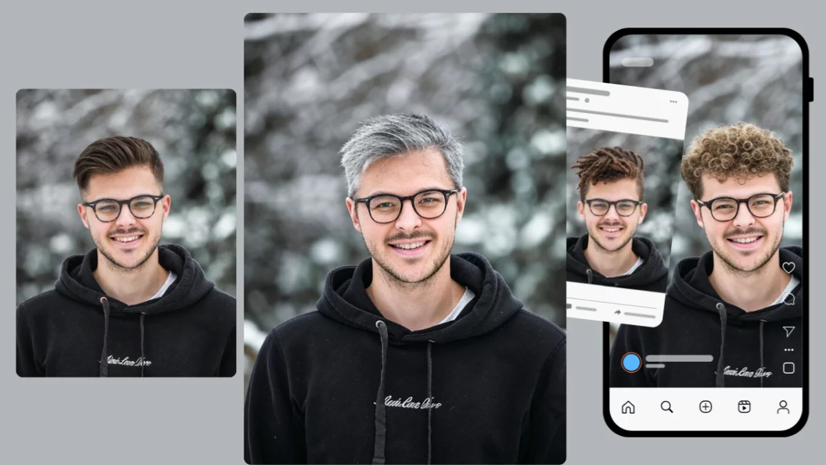 Social media preset of Instagram of a man in hoodie with different hairstyles created by AI Hair style Changer - PiktID
