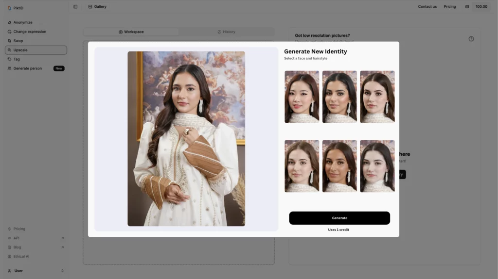 Creating multiple identity using PiktID's Generate Person feature, on an image of a young woman in traditional white and brown kurti and diamond earrings