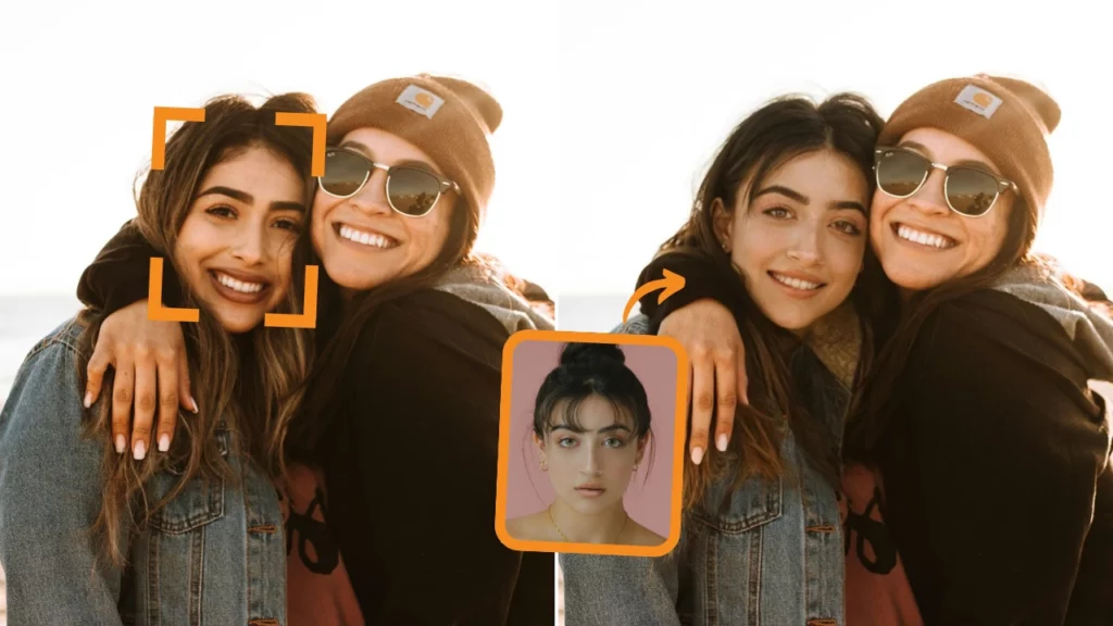 Ein Beispiel für einen Gesichtstausch: links ist eine Person mit orangefarbenen Gesichtserkennungslinien markiert, rechts dieselbe Person nach dem Gesichtstausch mit einem Gesicht von einem kleineren Foto in der Mitte vor einem einfarbigen Hintergrund. Ein orangefarbener Pfeil mit der Aufschrift „FACE SWAP“ zeigt die Tauschrichtung an.