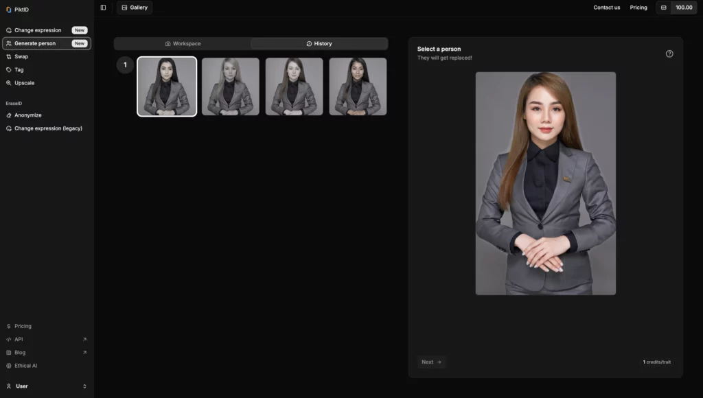 Screenshot showing PiktID platform showcasing 4 tabs of a woman in grey suit with different ethnicities and on the right side the original image of the same woman