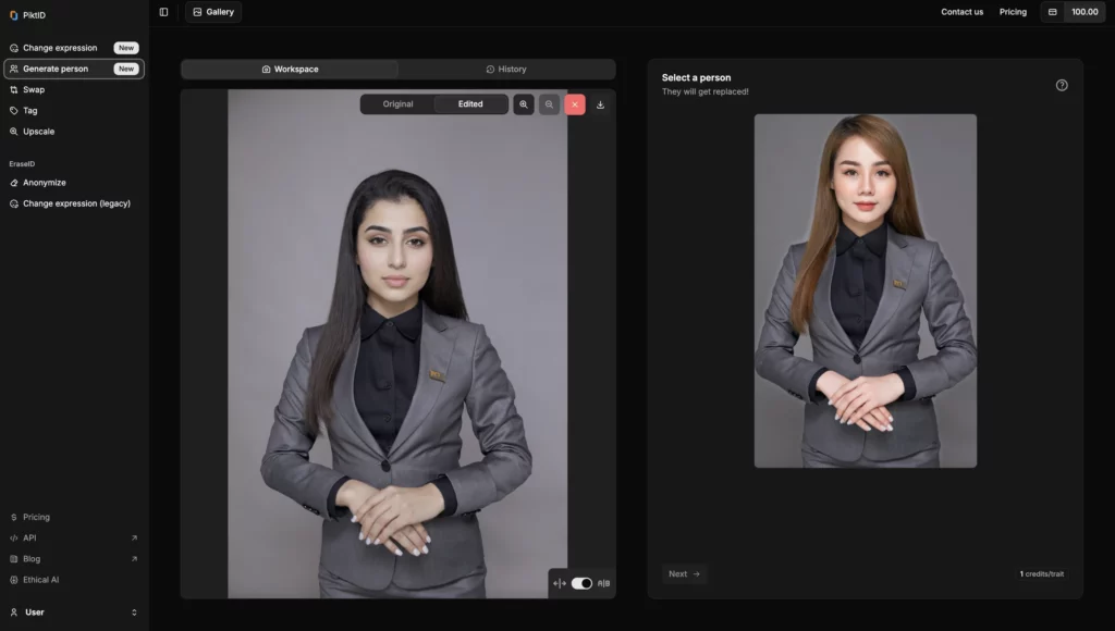 Screenshot of PiktID's platform, focused on Workspace of a woman in grey suit from Middle east origin and next to it the original image of the same woman as chinese origin and red hair under the tab select a person