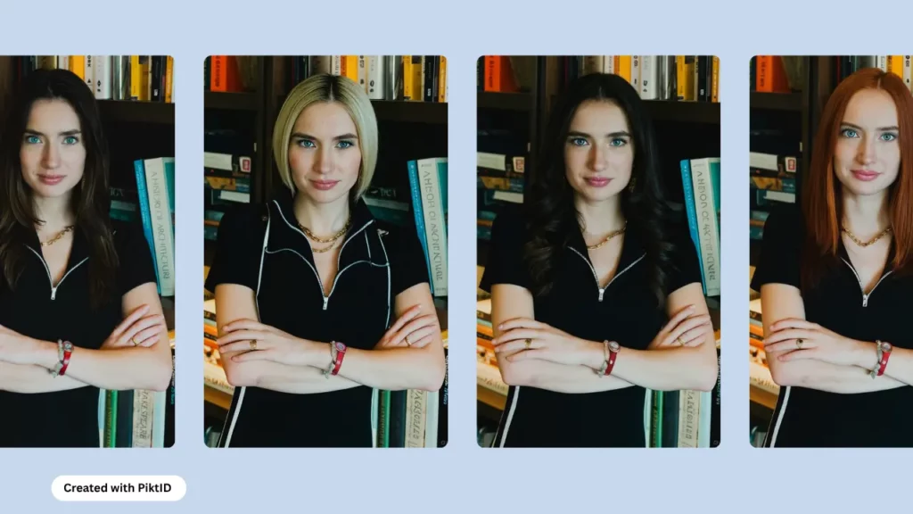 L'AI Hair style Changer denominato PiktID mostra quattro immagini della stessa donna in abito nero con le mani giunte e con acconciature e colori di capelli diversi