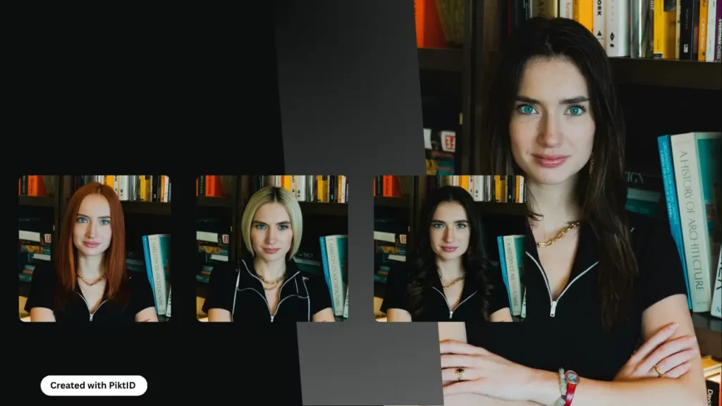 Tre schede di una donna con occhi azzurri e vestito nero e un'immagine ingrandita sulla destra della stessa ragazza con capelli neri e acconciatura ondulata