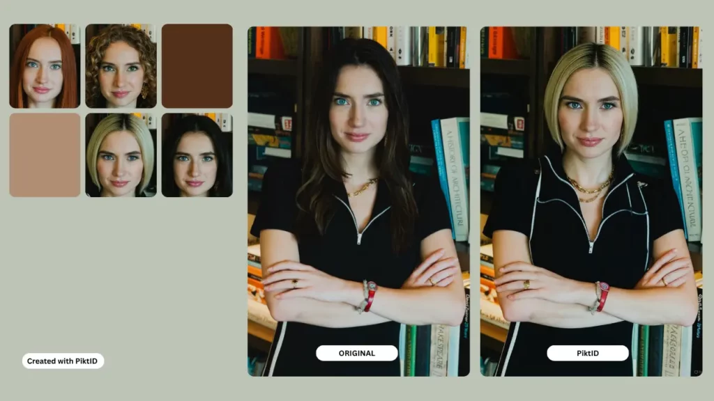 A sinistra quattro immagini ravvicinate di una ragazza con gli occhi azzurri con diverse acconciature e al centro l'immagine originale di una ragazza in abito nero e a destra la stessa ragazza con i capelli biondi e corti dopo aver utilizzato AI Hair style Changer denominato PiktID