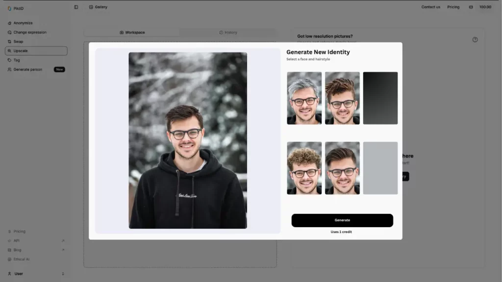 Screenshot dell'interfaccia di PiktID con un popup di un ragazzo con una felpa nera e sulla destra sotto la scheda "Genera nuova identità" lo stesso ragazzo con acconciature e colori di capelli diversi