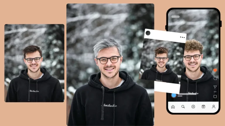 Social-Media-Vorgabe von Instagram eines Mannes im Kapuzenpullover mit verschiedenen Frisuren, erstellt von AI Hair Style Changer – PiktID
