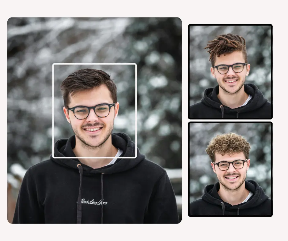 Un'immagine ingrandita di un uomo con occhiali e felpa con cappuccio sorridente e accanto all'immagine due immagini dello stesso ragazzo con un'acconciatura afro e trecce
