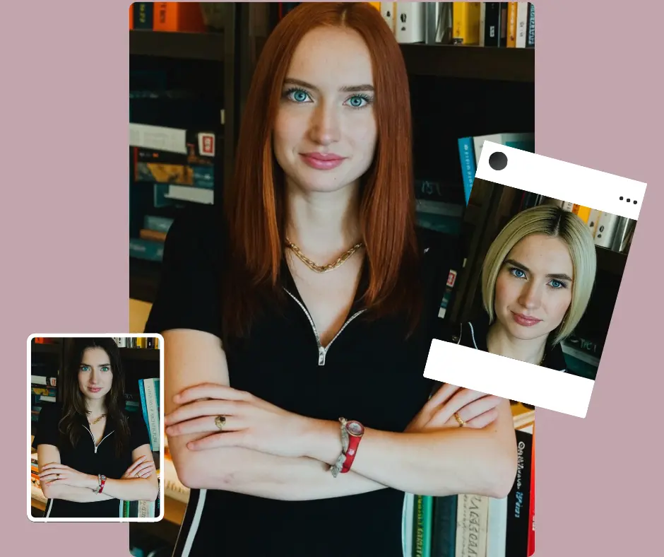 Tre immagini della stessa donna in abito nero disegnate in un preset di social media di Instagram