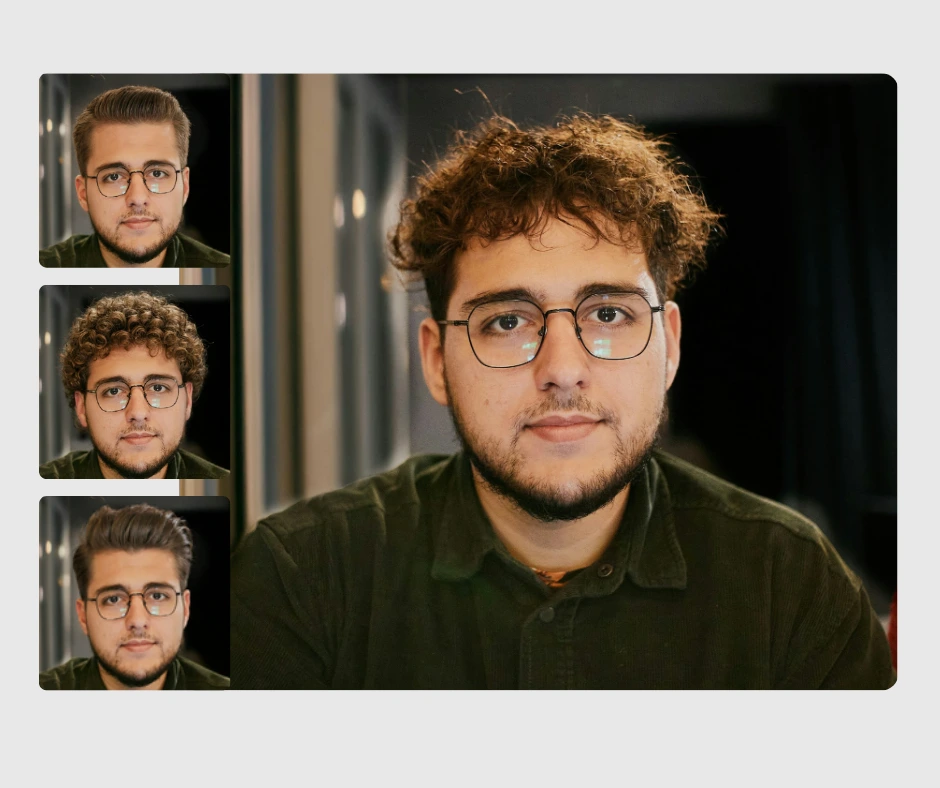 Jeune homme aux cheveux en bataille et aux lunettes au centre et 3 onglets à gauche du même gars avec des coiffures différentes