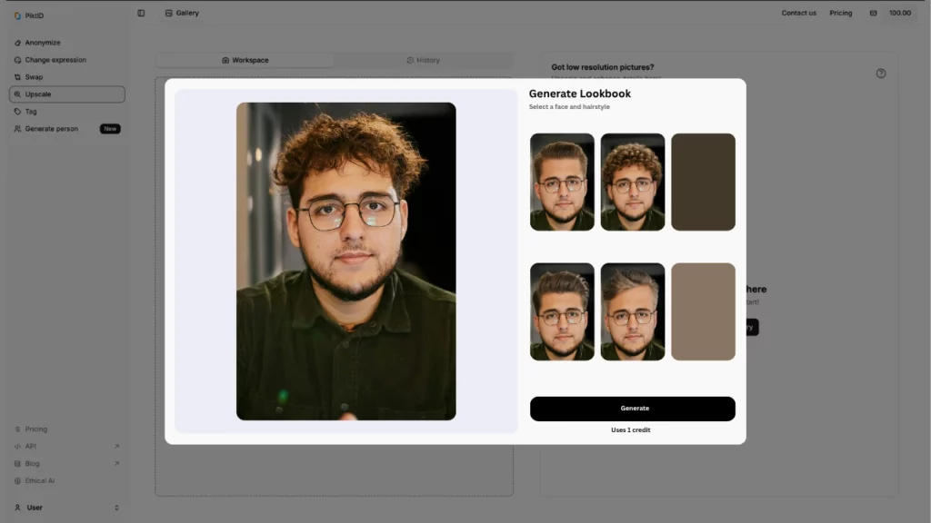 Capture d'écran de la plateforme PiktID en tant qu'outil de coupe de cheveux IA pour générer un lookbook d'un jeune homme aux cheveux bruns en désordre et aux lunettes au centre et à côté dans les onglets quatre images du même homme dans différentes coiffures