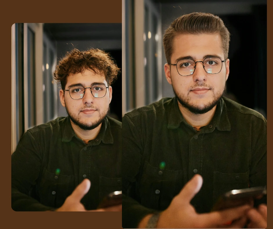Image originale d'un homme en chemise verte et lunettes à gauche et une image agrandie du même jeune homme avec une coupe de cheveux en brosse