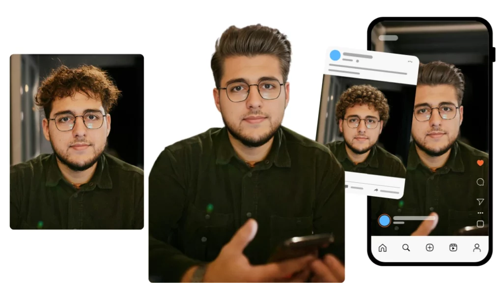 Utilisation du filtre de coupe de cheveux AI de PiktID sur une image d'un jeune homme portant des lunettes à l'aide d'un préréglage Instagram de médias sociaux