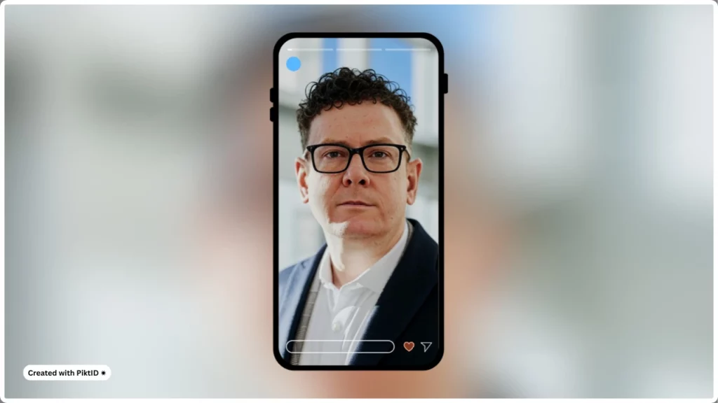 Utilisation d'un préréglage de médias sociaux d'un format d'histoire créé avec PiktID d'une image d'un homme d'affaires avec un costume bleu et des lunettes noires