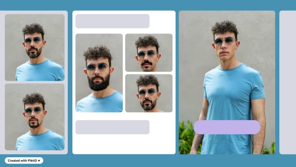 Immagini multiple dello stesso uomo con maglietta blu e diversi stili di barba