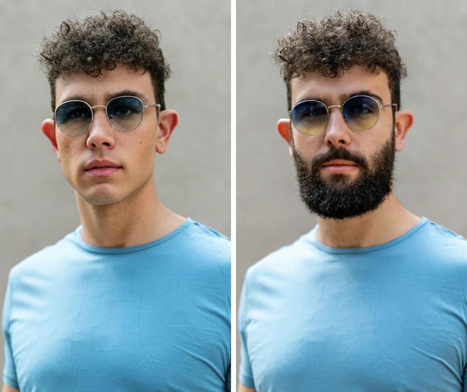 Confronto fianco a fianco di un giovane con occhiali da sole e capelli ricci, a sinistra l'uomo è completamente rasato e a destra lo stesso uomo ha la barba