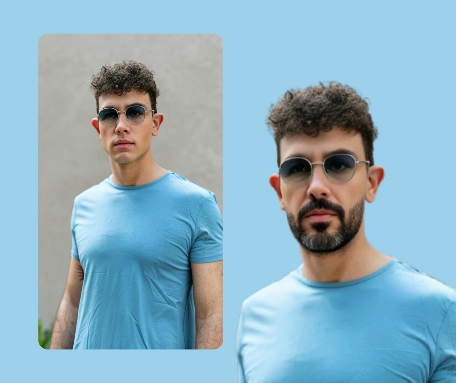 Prima e dopo l'utilizzo del filtro barba di PiktID su un'immagine di un uomo con maglietta blu e occhiali da sole