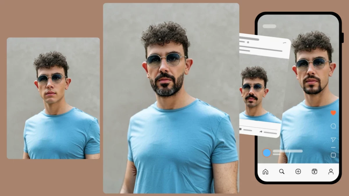 Utilizzo del filtro barba di PiktID su un'immagine di un uomo con maglietta blu, occhiali da sole e capelli ricci