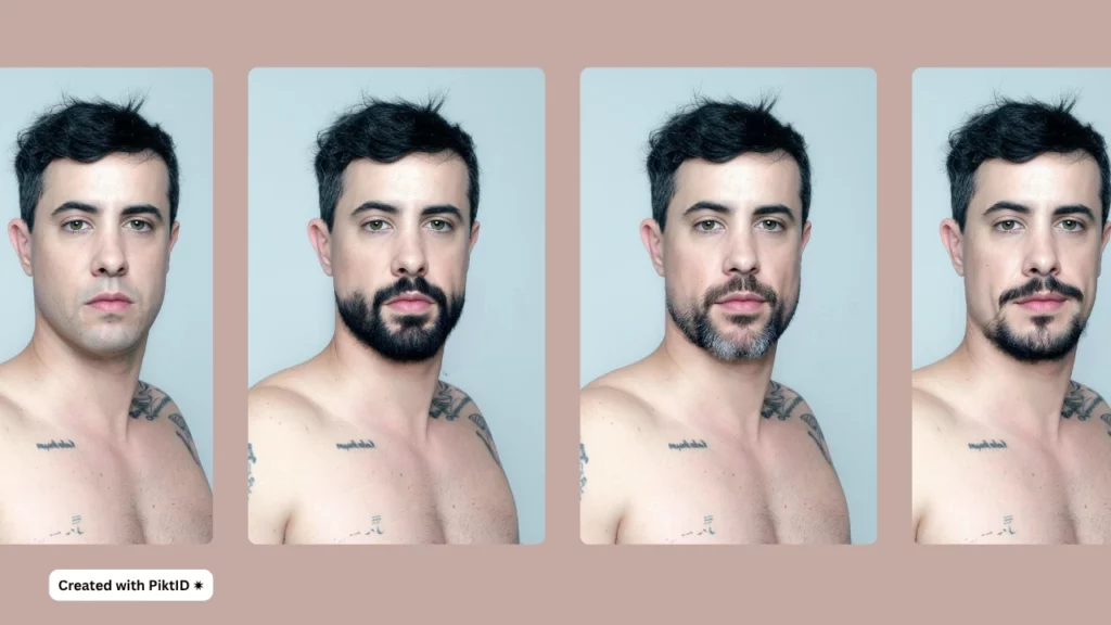 Quattro immagini di un uomo a torso nudo con tatuaggi e diversi stili di barba, create utilizzando il filtro barba di PiktID