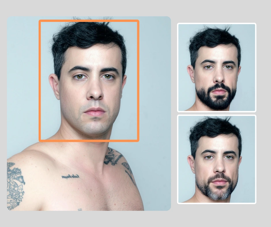 Immagine ingrandita di un uomo con tatuaggi attorno a una scatola arancione e sulla destra abbiamo due immagini della stessa persona con la barba