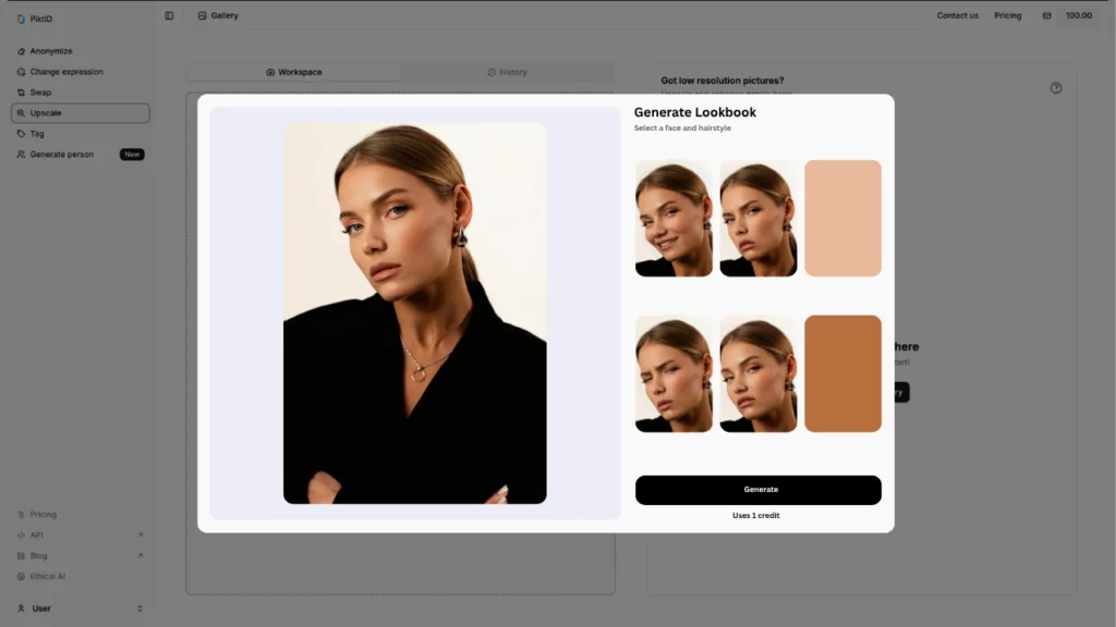 Générer une capture d'écran du Lookbook de l'interface de PiktID tandis qu'une fenêtre contextuelle montre une fille blonde en blazer noir