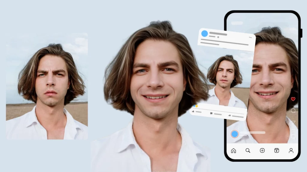 Image triste d'un jeune homme aux cheveux longs blonds transformée en une expression heureuse à l'aide de la fonction de changement d'expression de PiktID