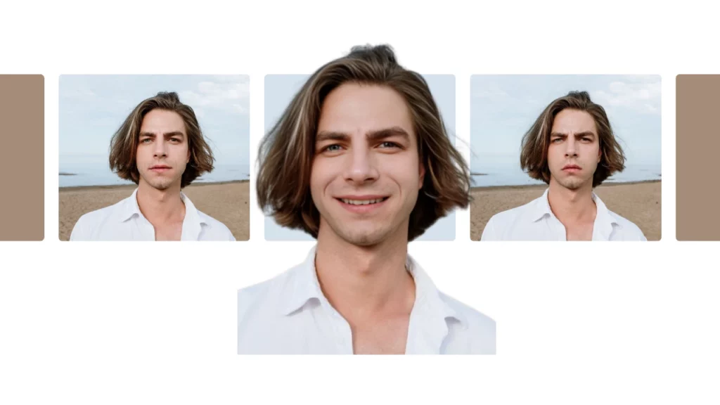 Image agrandie d'un homme aux cheveux longs avec un fond transparent souriant tout en ayant deux autres images du même homme avec des expressions tristes et neutres en utilisant la correction du visage ai